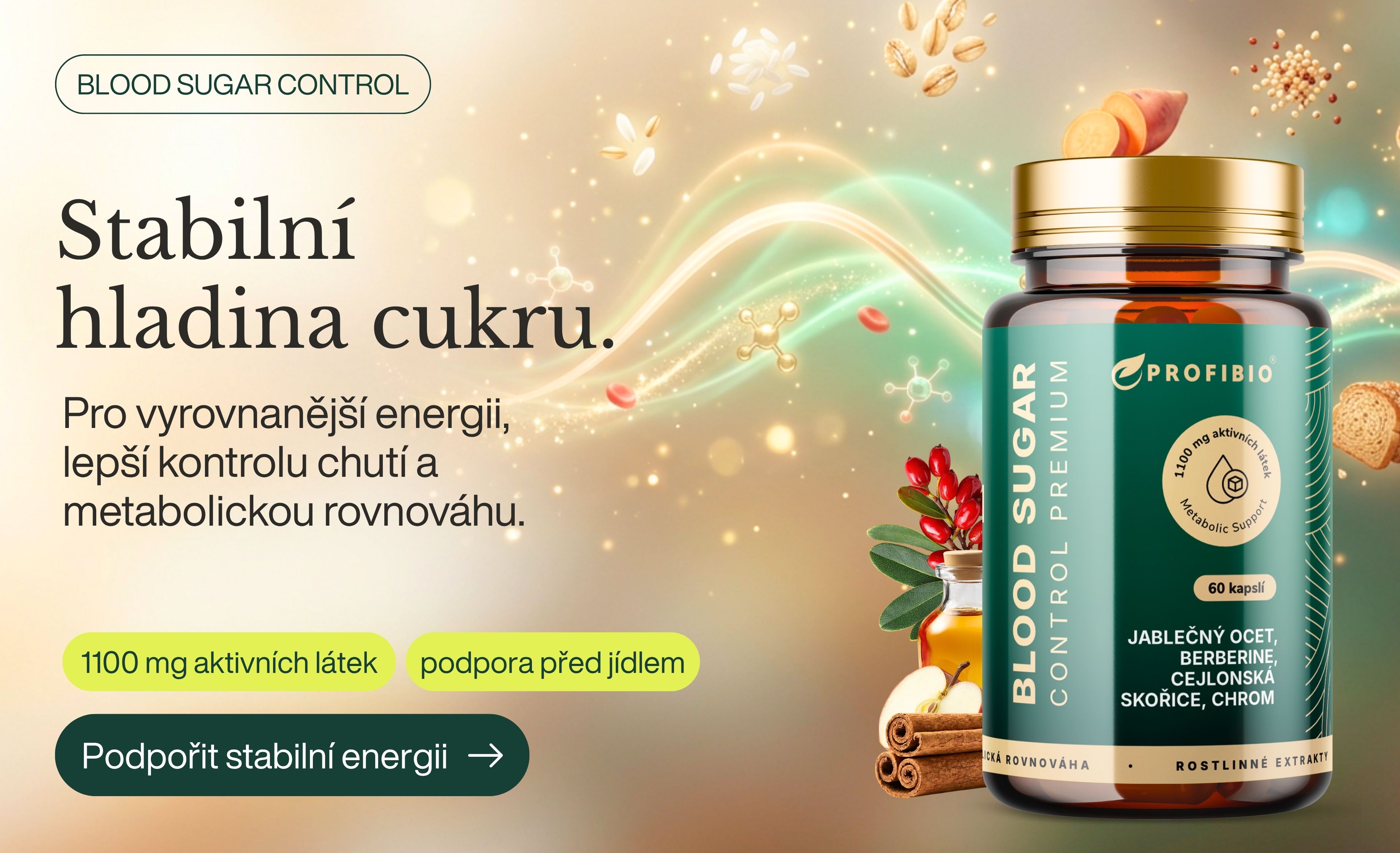 PREMIUM Blood Sugar Control KOMPLEX – jablečný ocet, berberin, cejlonská skořice a chrom (podpora normální hladiny glukózy v krvi), 60 kapslí